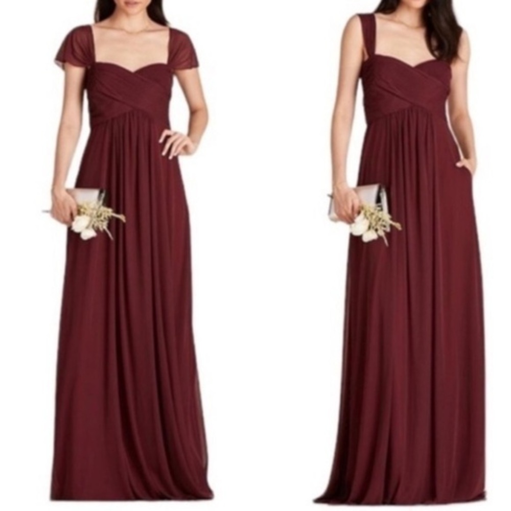 Birdy Grey Maria Convertible Mesh Pleated Empire Waist Long Dress Cabernet Small